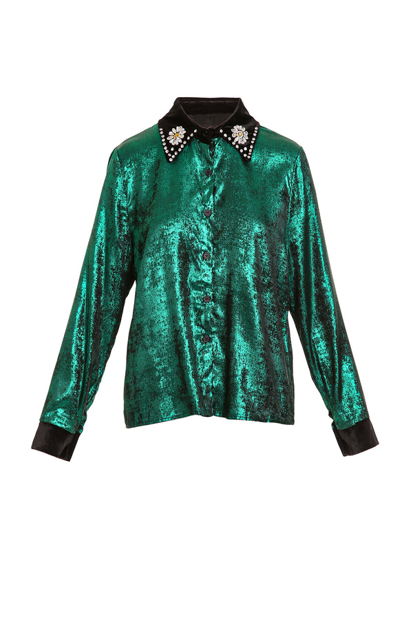 Grace Embellished Velvet Trim Metallic Coated Blouse