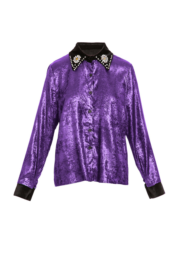 Grace Embellished Velvet Trim Metallic Coated Blouse