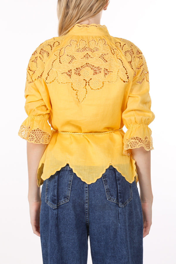 Aubree Lace Embroidered Blouse with Braided Belt - Shop Beulah Style