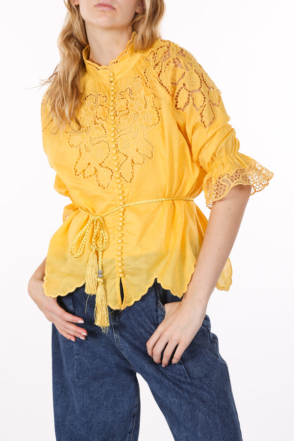 Aubree Lace Embroidered Blouse with Braided Belt - Shop Beulah Style