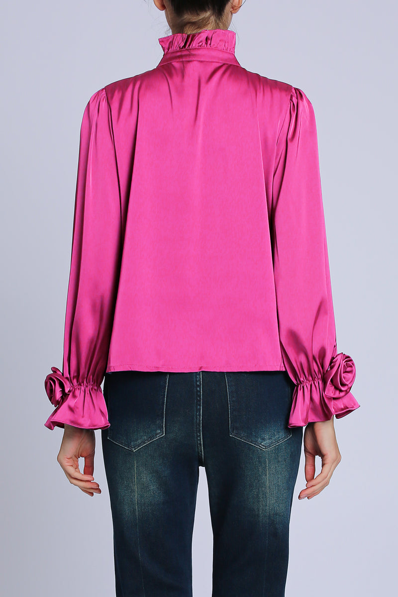 Felicity Floral Corsage Detail Ruffled Satin Blouse - Shop Beulah Style