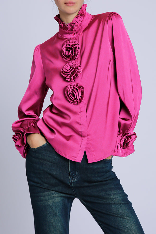 Felicity Floral Corsage Detail Ruffled Satin Blouse - Shop Beulah Style