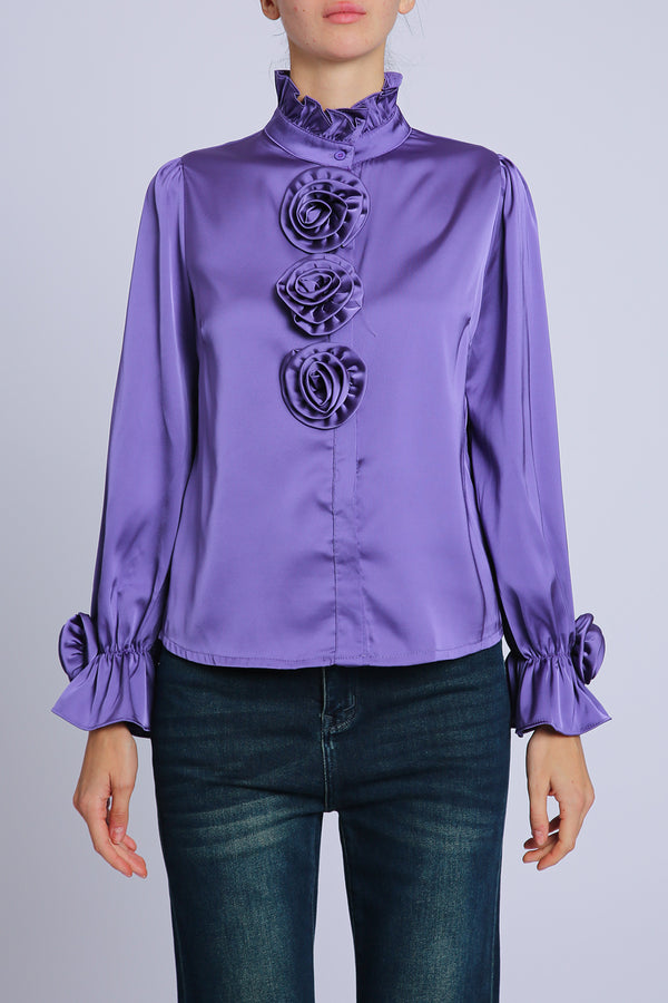 Felicity Floral Corsage Detail Ruffled Satin Blouse - Shop Beulah Style