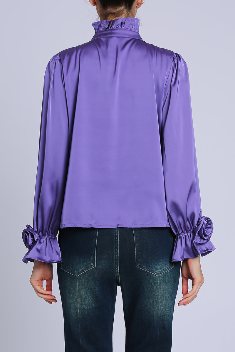 Felicity Floral Corsage Detail Ruffled Satin Blouse - Shop Beulah Style