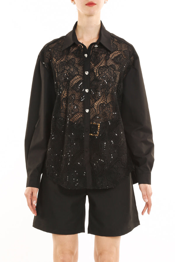 Victoria Sequined Hollow Out Lace Net & Mesh Blouse - Shop Beulah Style