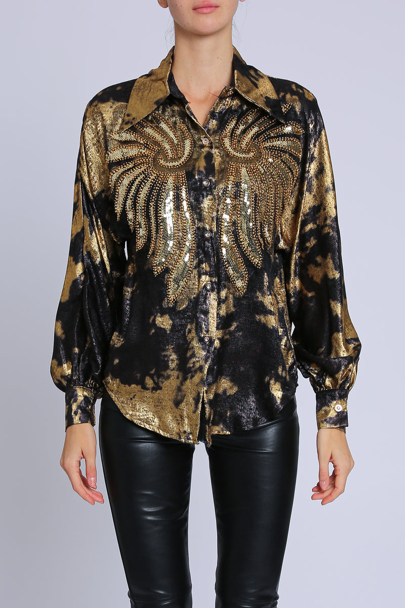 Amelia Angel Wing Embellished Glossy Satin Blouse