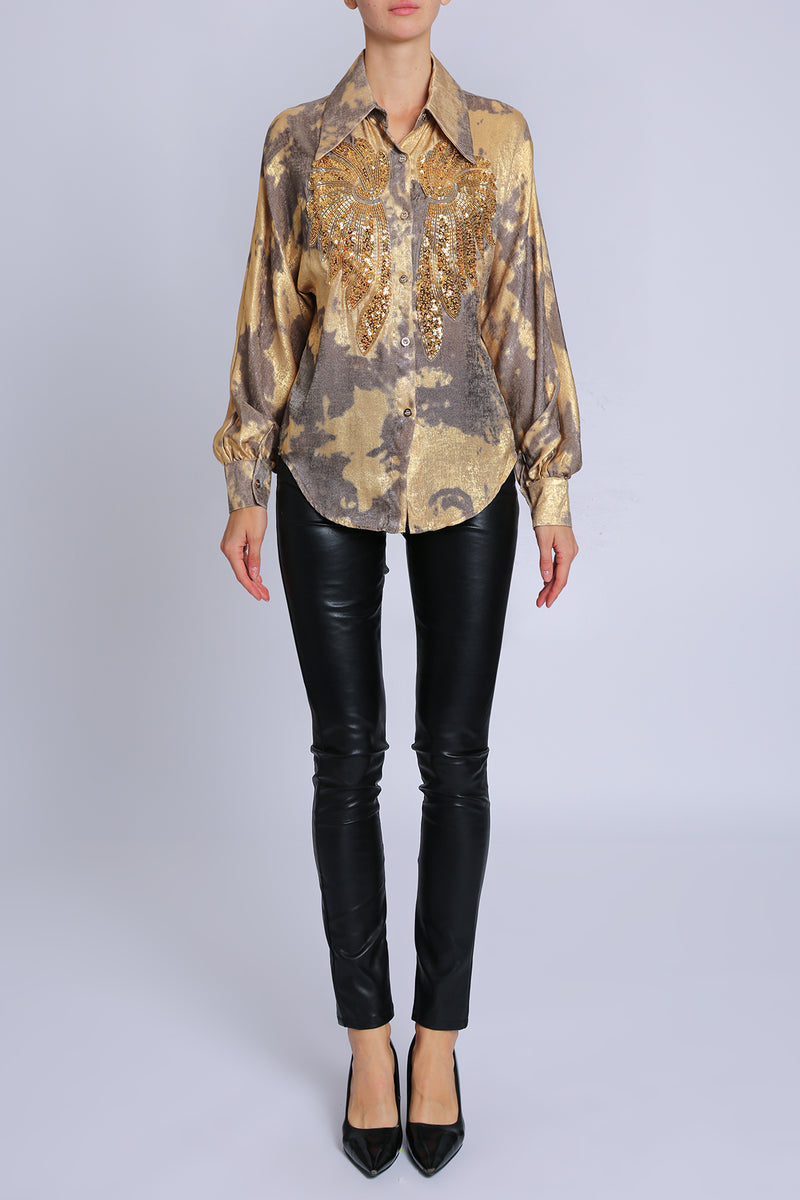 Amelia Angel Wing Embellished Glossy Satin Blouse