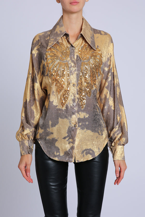 Amelia Angel Wing Embellished Glossy Satin Blouse