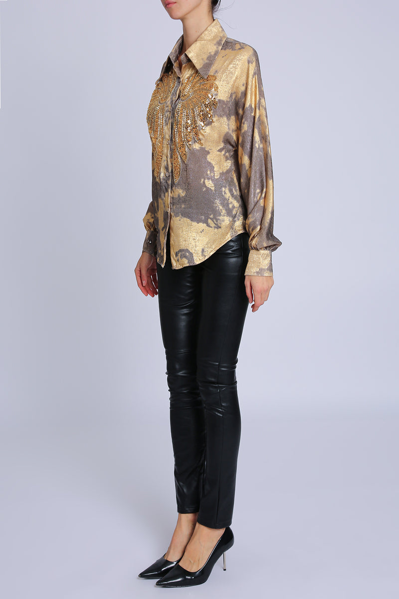 Amelia Angel Wing Embellished Glossy Satin Blouse