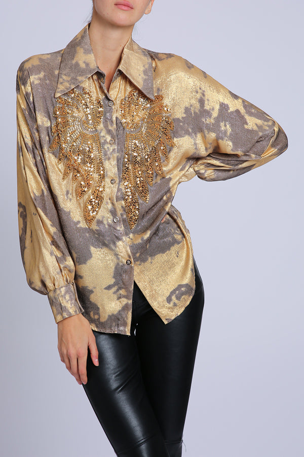 Amelia Angel Wing Embellished Glossy Satin Blouse