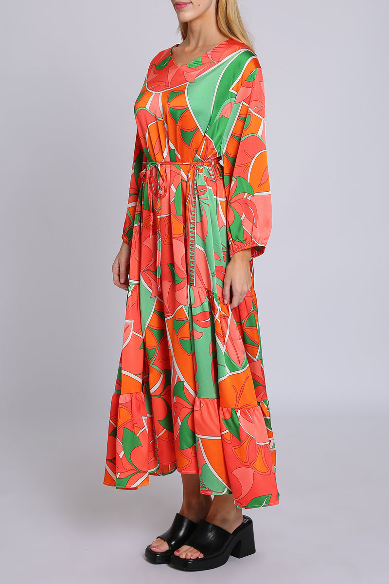 Kelly Geometrical Abstract Print Belted Satin Midi Dress - Shop Beulah Style