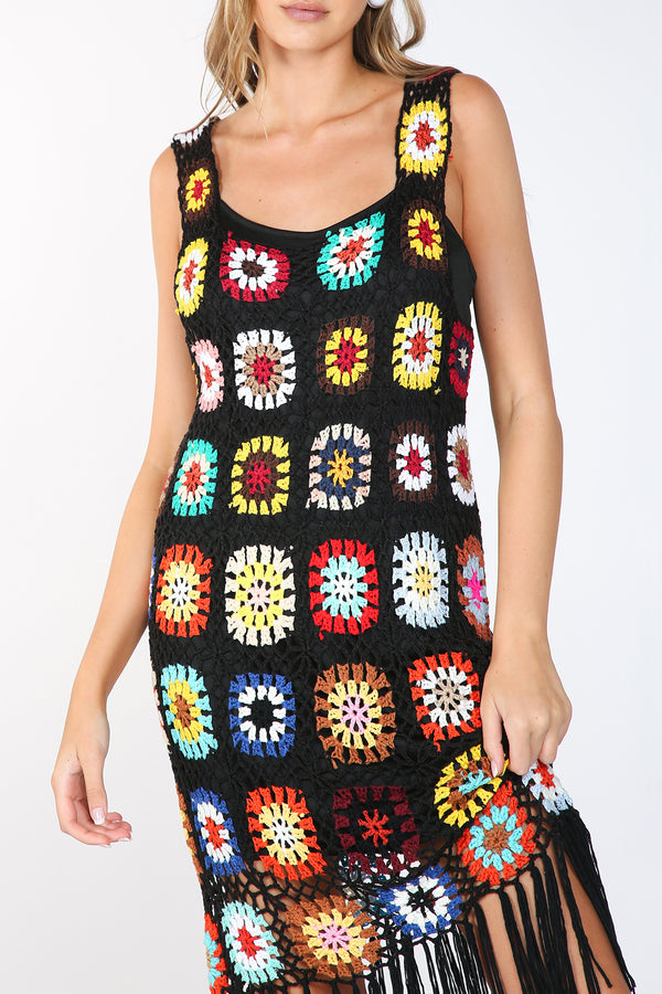 Luke Fringe Detail Floral Crochet Sleeveless Midi Dress