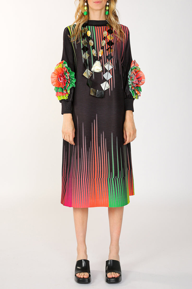 Amy Multicolor Print Pleats with 3D Ruffled Floral Midi Dress - Shop Beulah Style