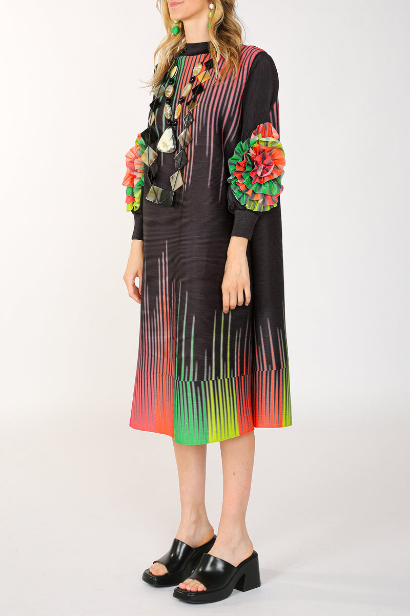 Amy Multicolor Print Pleats with 3D Ruffled Floral Midi Dress - Shop Beulah Style