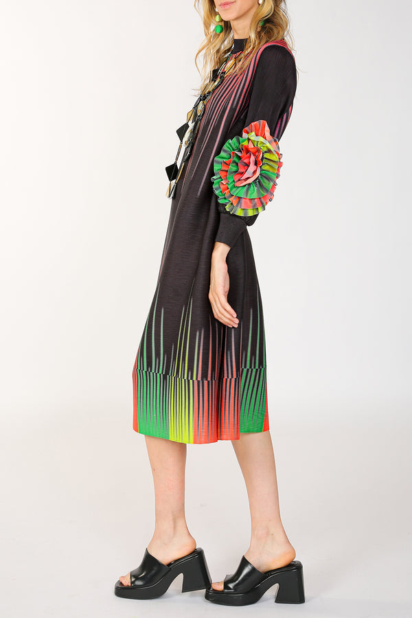 Amy Multicolor Print Pleats with 3D Ruffled Floral Midi Dress - Shop Beulah Style