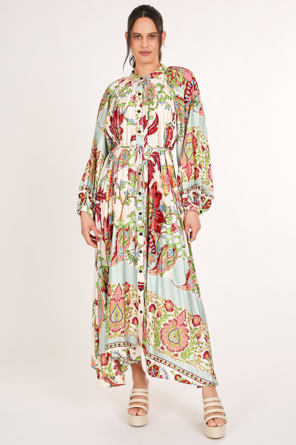 Anderson Multicolor Botanic Print Pleated Maxi Dress - Shop Beulah Style