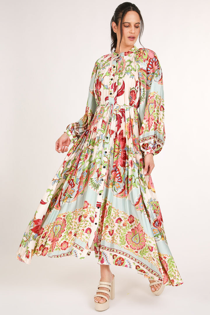 Anderson Multicolor Botanic Print Pleated Maxi Dress