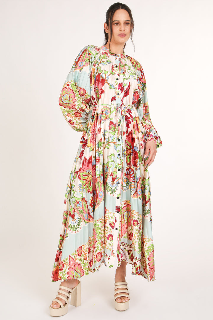 Anderson Multicolor Botanic Print Pleated Maxi Dress