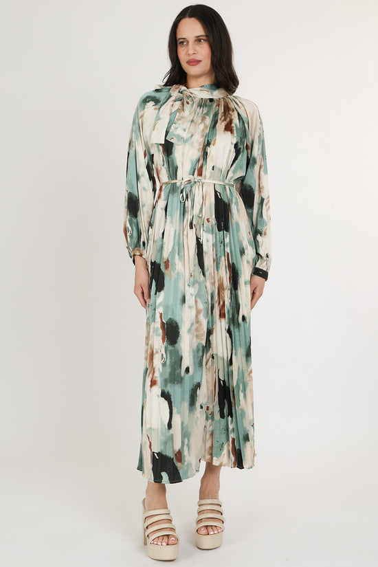 Zoey Multicolor Abstract Print Pleated Satin Maxi Dress - Shop Beulah Style