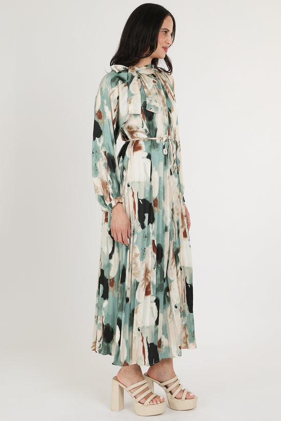 Zoey Multicolor Abstract Print Pleated Satin Maxi Dress - Shop Beulah Style