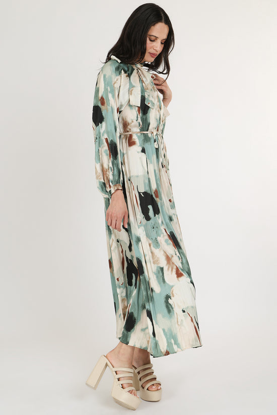 Zoey Multicolor Abstract Print Pleated Satin Maxi Dress - Shop Beulah Style