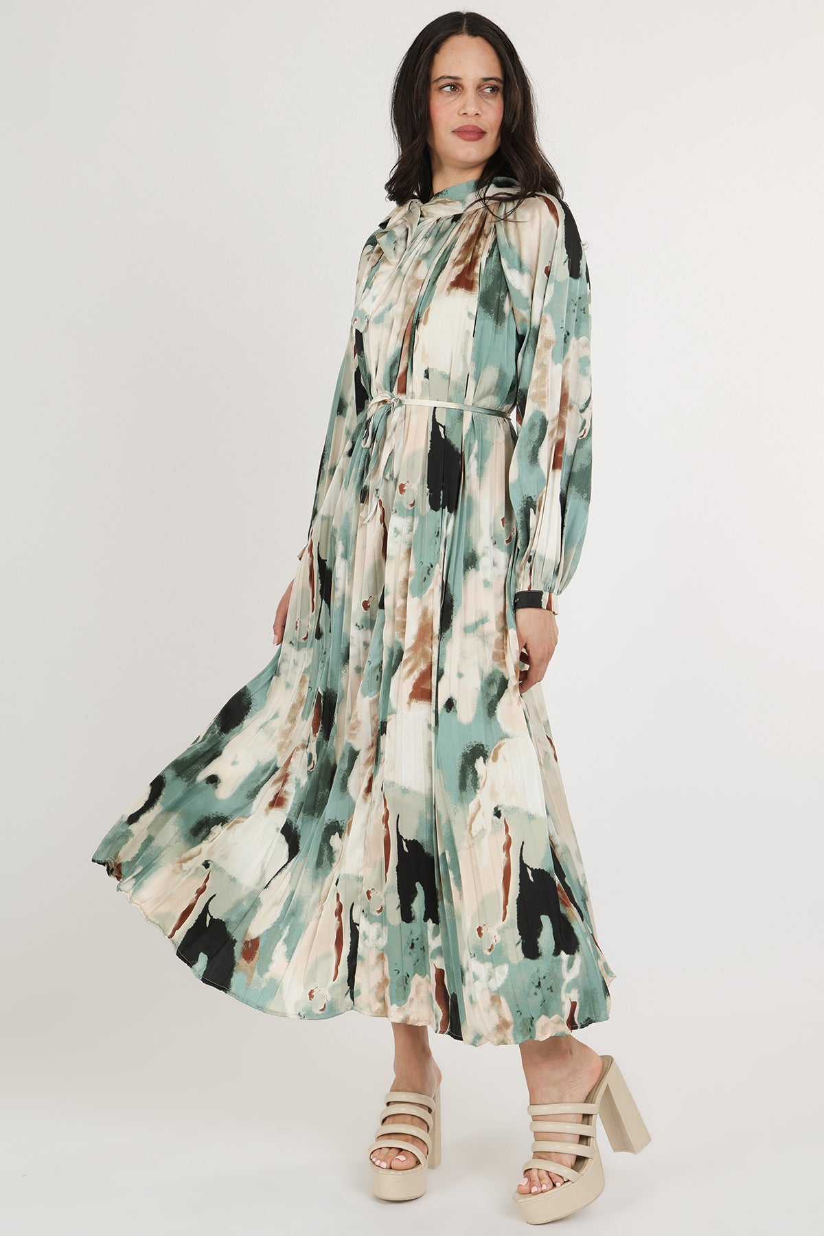 Zoey Multicolor Abstract Print Pleated Satin Maxi Dress - Shop Beulah Style