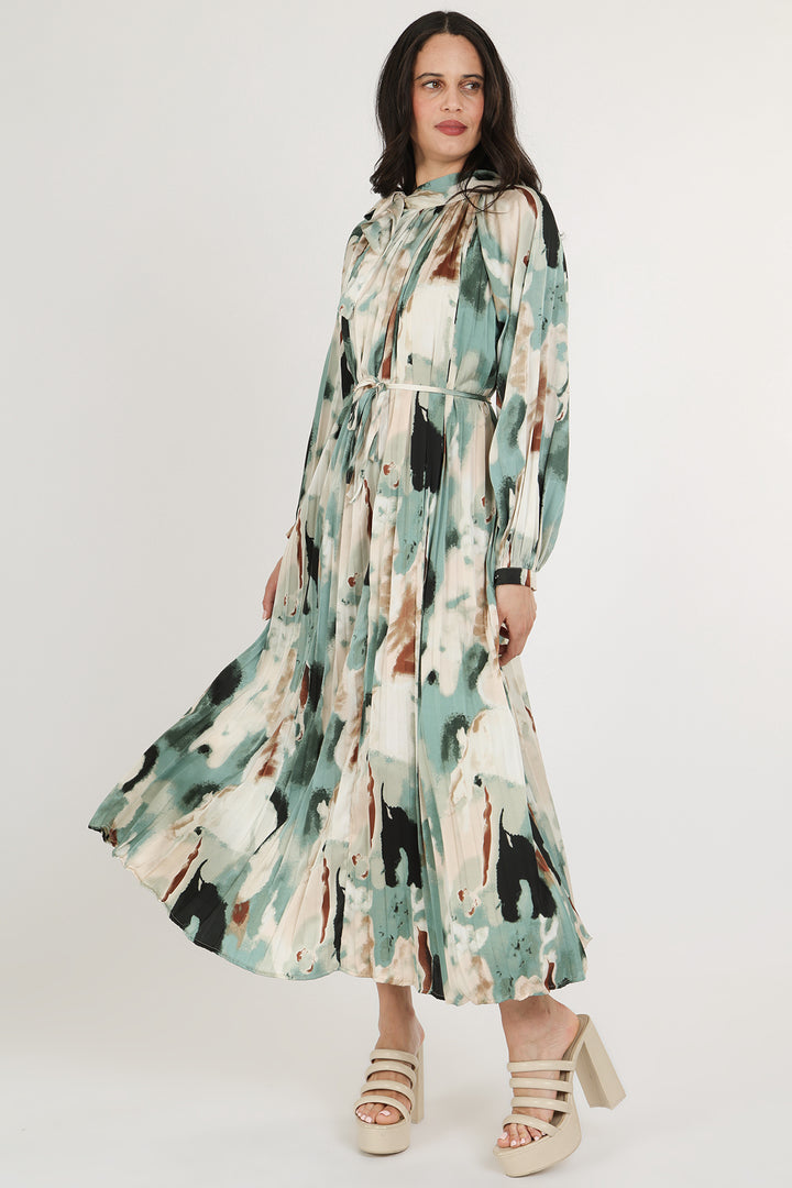Zoey Multicolor Abstract Print Pleated Satin Maxi Dress - Shop Beulah Style