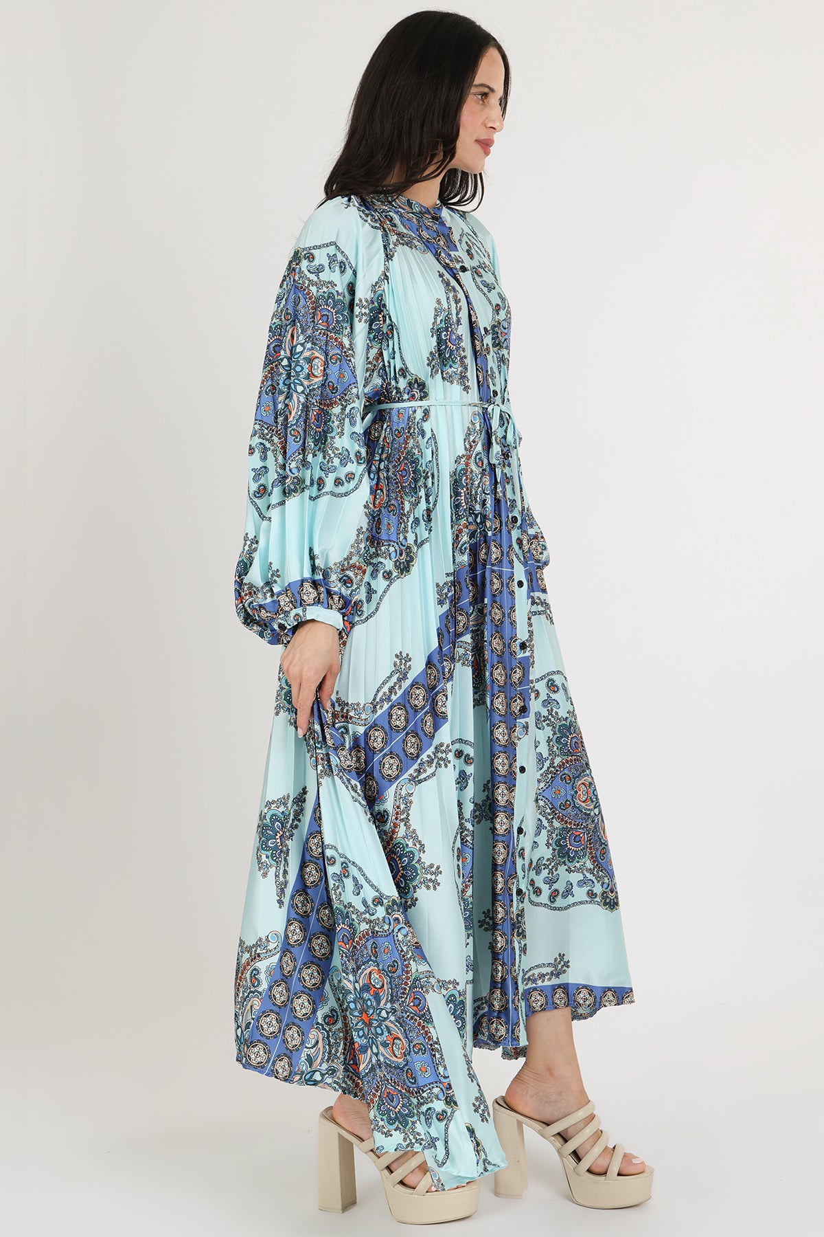 Ashley Multi-Print Paisley Pleats Belted Maxi Dress - Shop Beulah Style