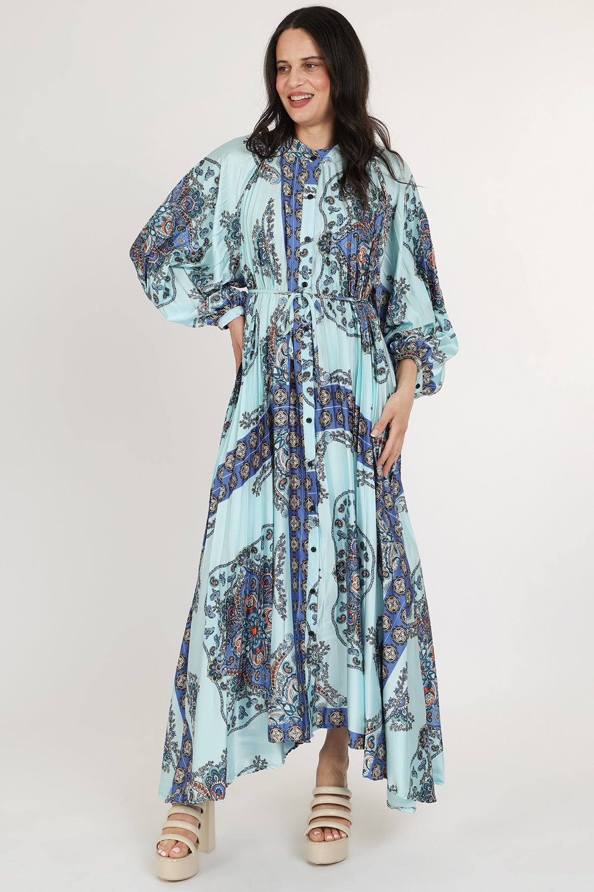 Ashley Multi-Print Paisley Pleats Belted Maxi Dress - Shop Beulah Style