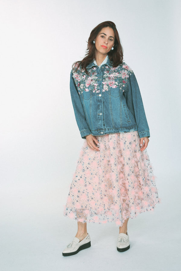 Sequin Floral Embellished Yoke Denim Jacket - Shop Beulah Style