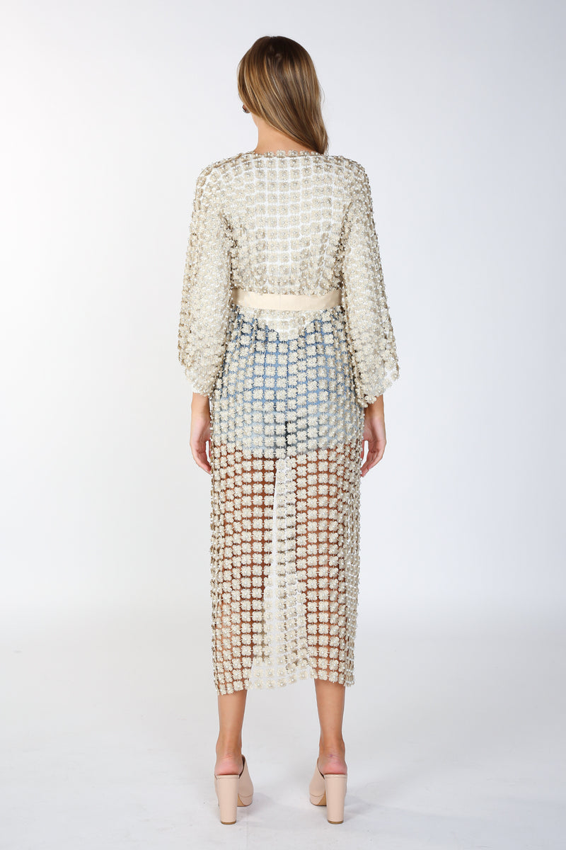 Long Shimmer Flower Mesh With Pearl Beads Kimono - Shop Beulah Style