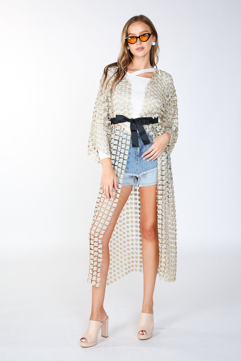Long Shimmer Flower Mesh With Pearl Beads Kimono - Shop Beulah Style