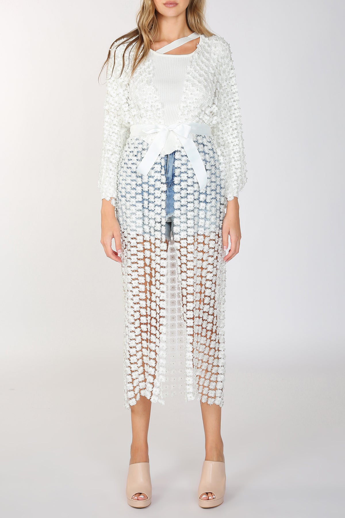 Long Shimmer Flower Mesh With Pearl Beads Kimono - Shop Beulah Style