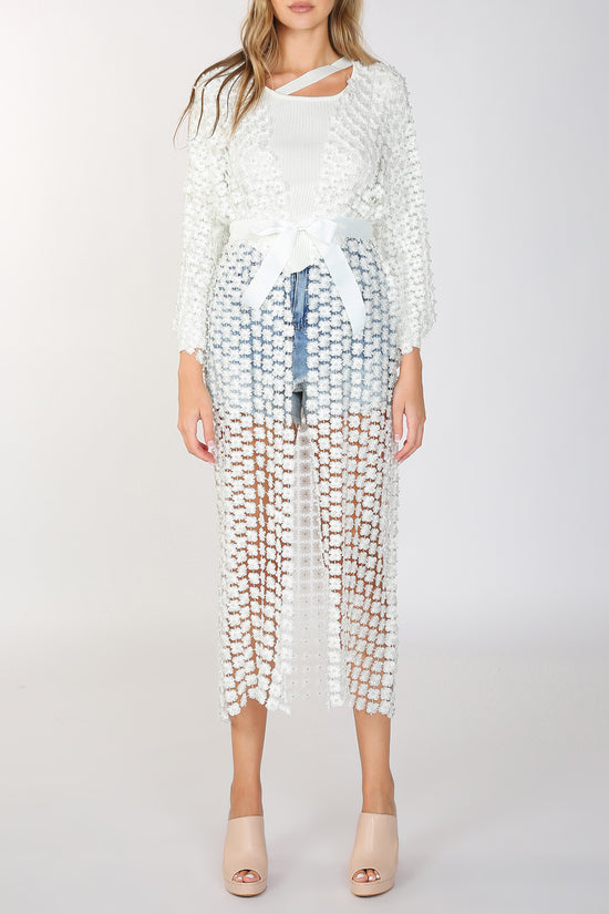 Long Shimmer Flower Mesh With Pearl Beads Kimono - Shop Beulah Style
