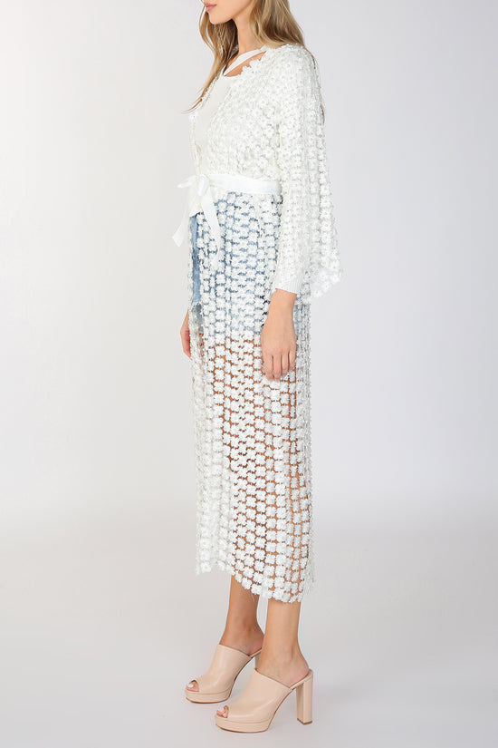 Long Shimmer Flower Mesh With Pearl Beads Kimono - Shop Beulah Style