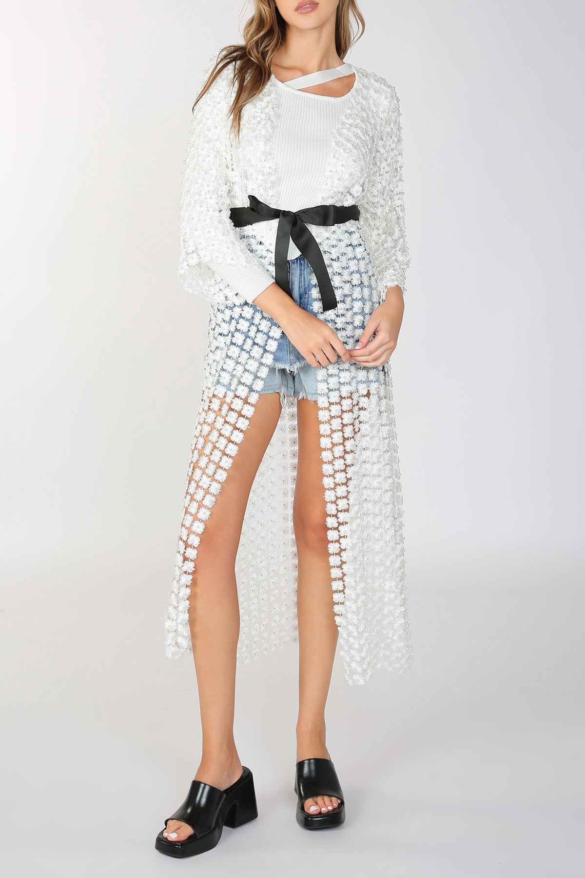 Long Shimmer Flower Mesh With Pearl Beads Kimono - Shop Beulah Style