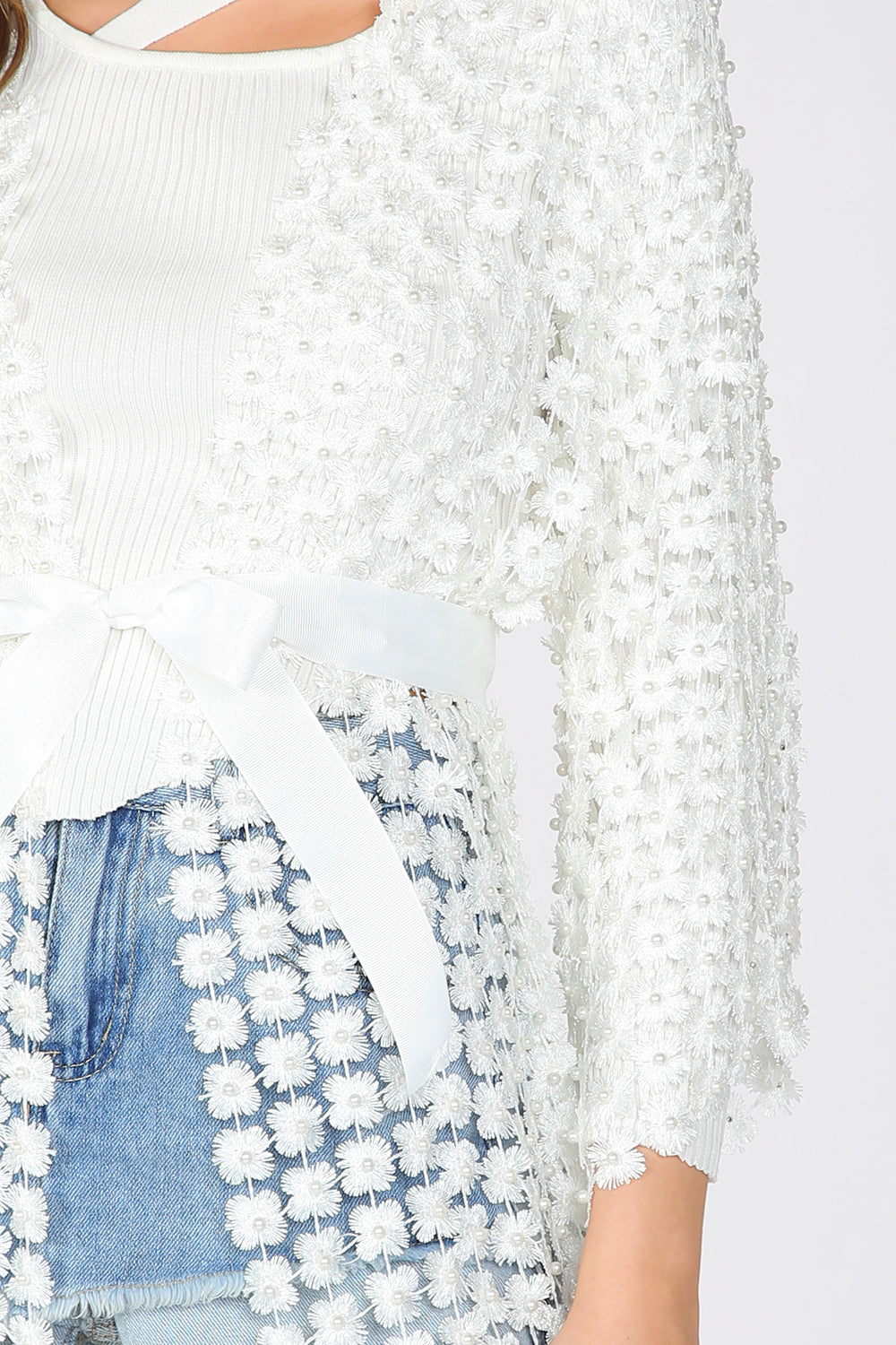 Long Shimmer Flower Mesh With Pearl Beads Kimono - Shop Beulah Style