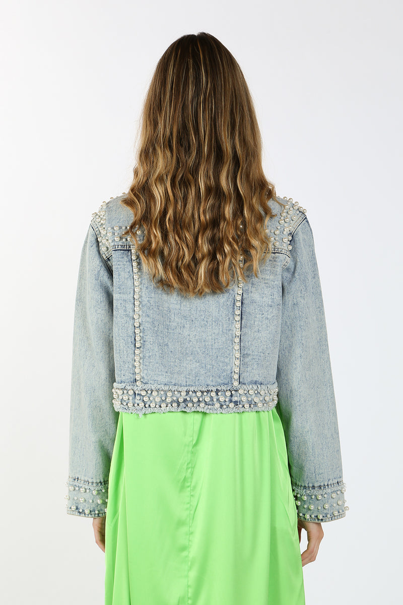Lucian Jewels and Pearls Beaded Crop Denim Jacket - Shop Beulah Style