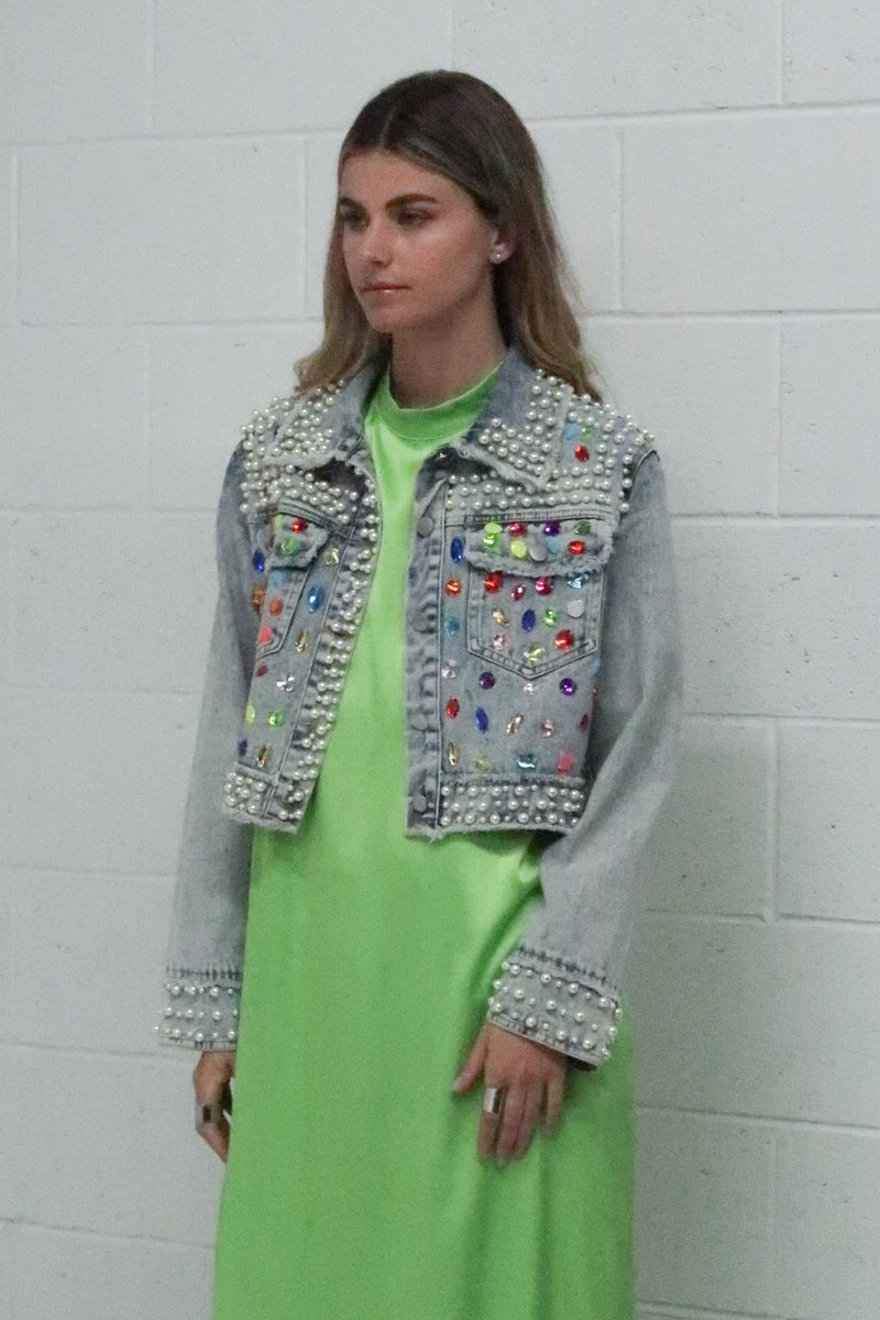 Lucian Jewels and Pearls Beaded Crop Denim Jacket - Shop Beulah Style