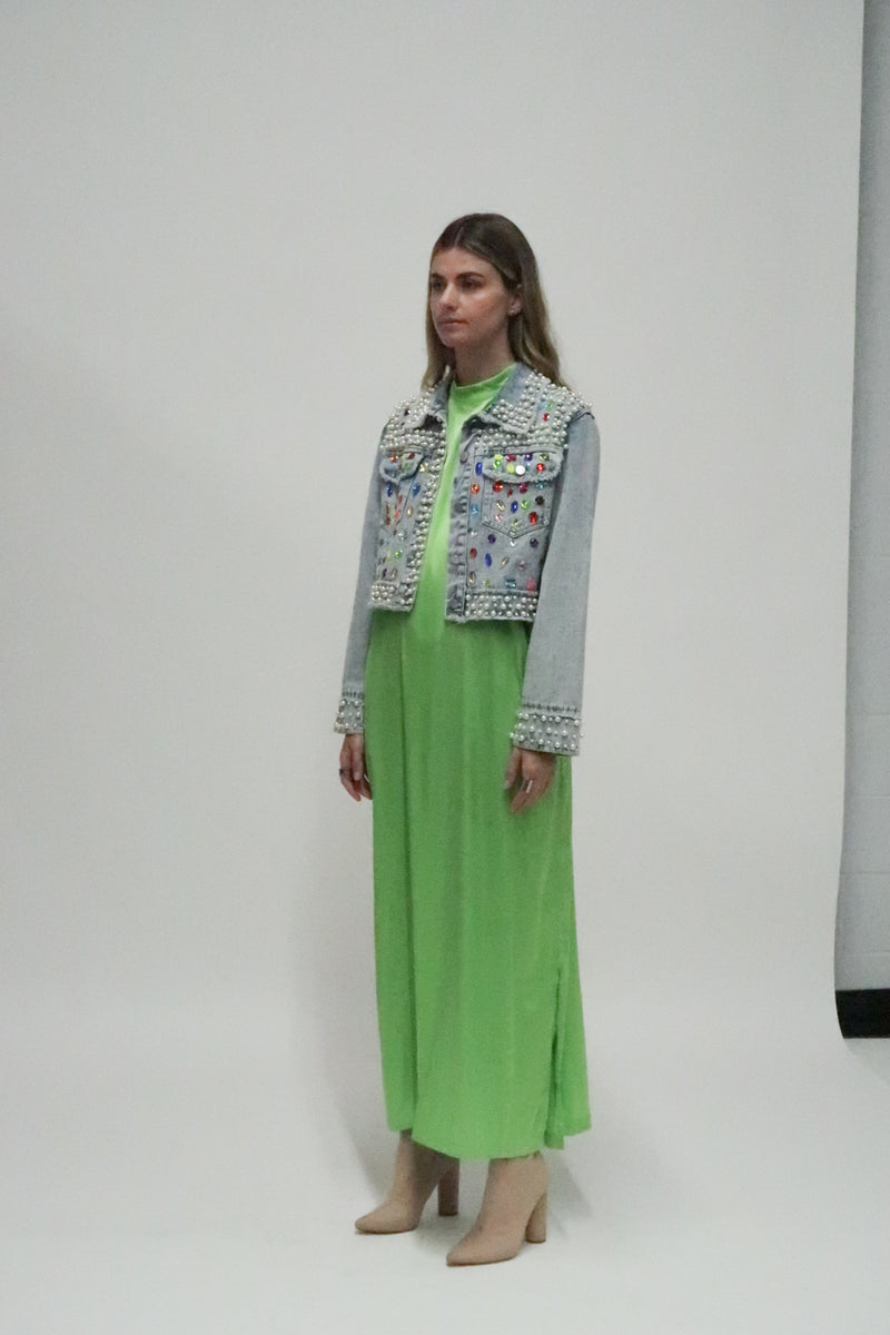 Lucian Jewels and Pearls Beaded Crop Denim Jacket - Shop Beulah Style