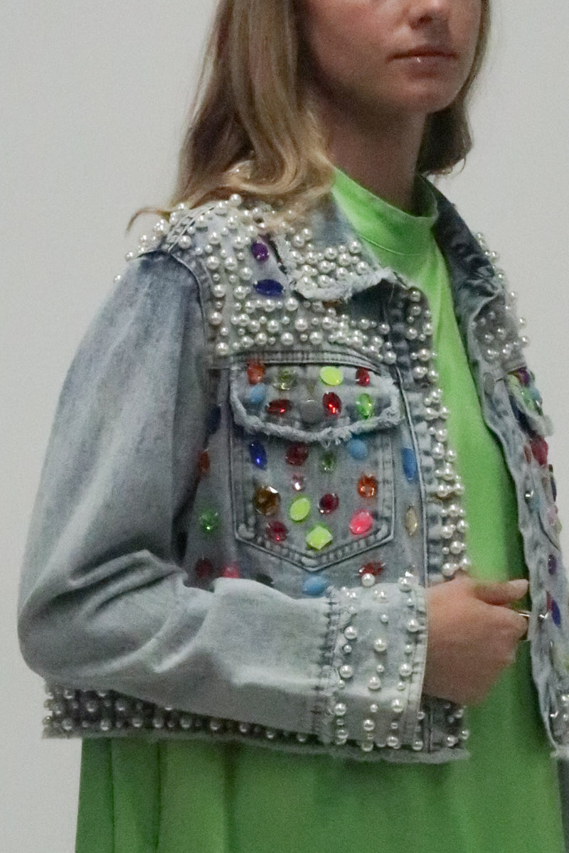 Lucian Jewels and Pearls Beaded Crop Denim Jacket - Shop Beulah Style