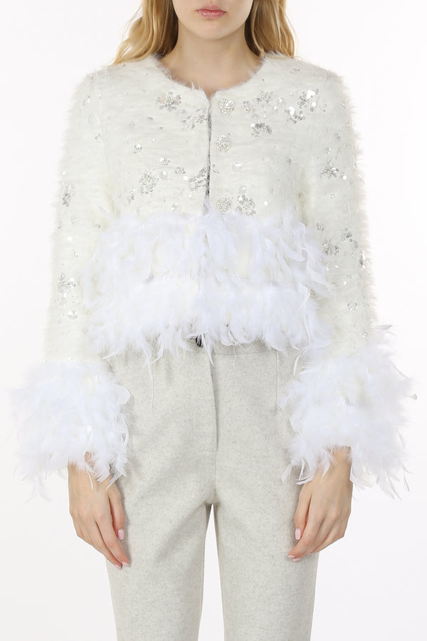 Phoebe Feather Detail Embellished Fuzzy Crop Jacket - Shop Beulah Style