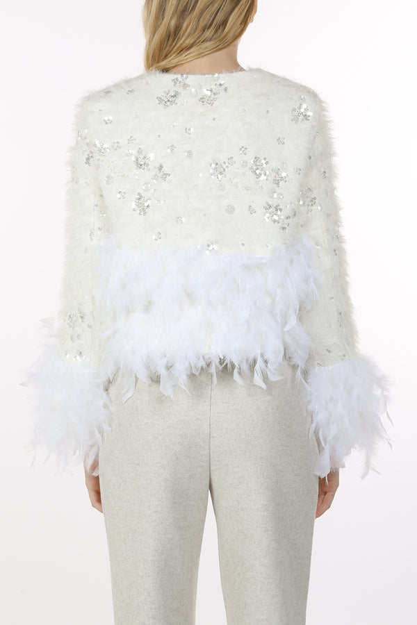 Phoebe Feather Detail Embellished Fuzzy Crop Jacket - Shop Beulah Style