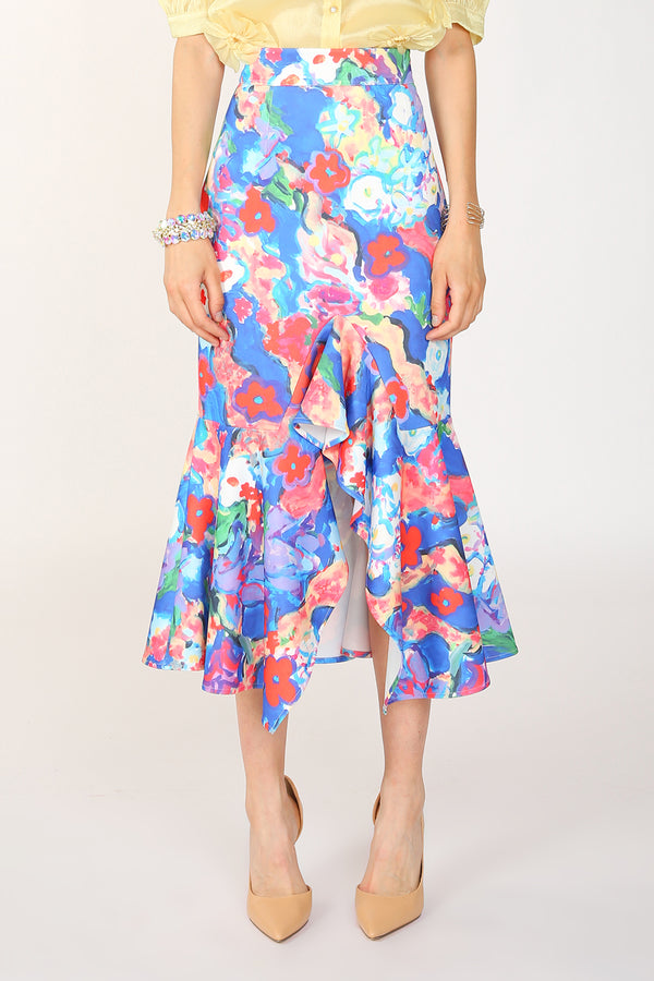 Alani Painted Print Asymmetric Pencil Flare Midi Skirt