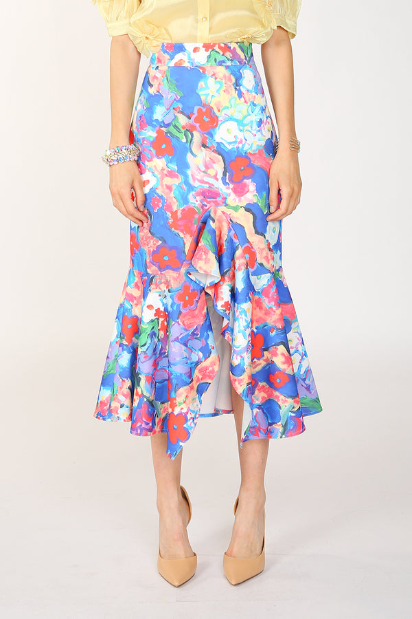 Alani Paint Printed Asymmetric Pencil Flare Skirt - Shop Beulah Style