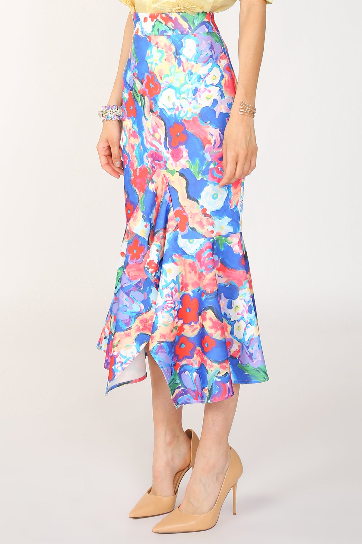 Alani Painted Print Asymmetric Pencil Flare Midi Skirt - Shop Beulah Style
