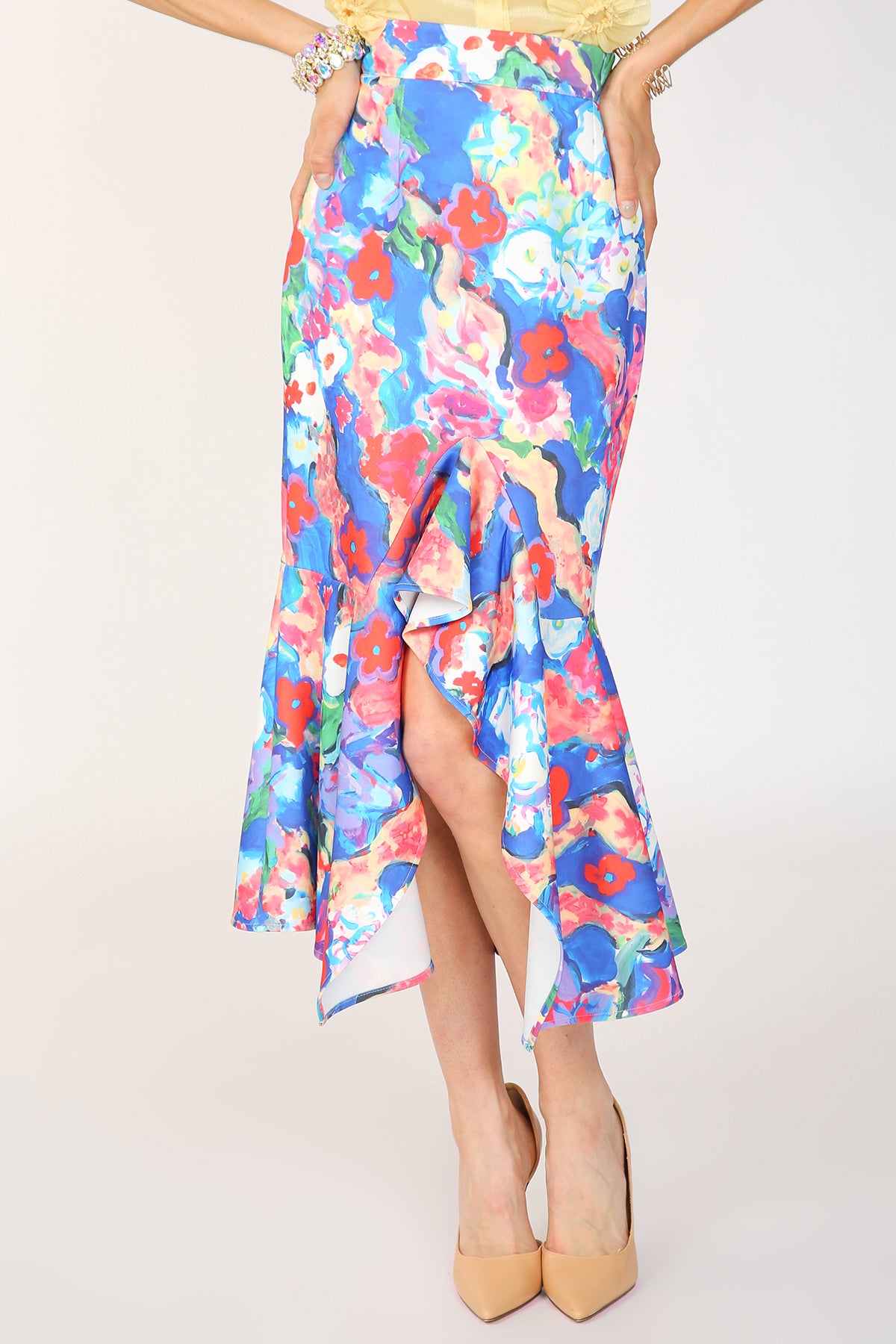 Alani Painted Print Asymmetric Pencil Flare Midi Skirt - Shop Beulah Style