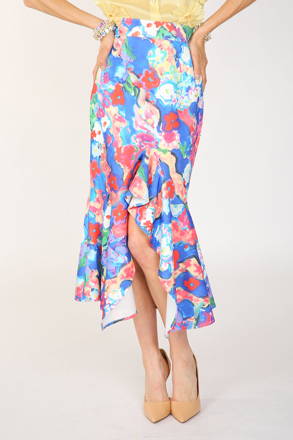 Alani Painted Print Asymmetric Pencil Flare Midi Skirt