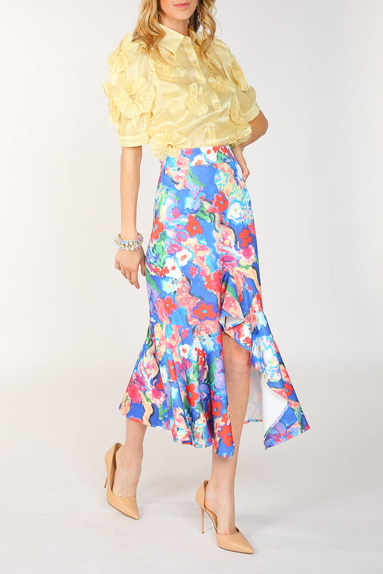 Alani Painted Print Asymmetric Pencil Flare Midi Skirt - Shop Beulah Style