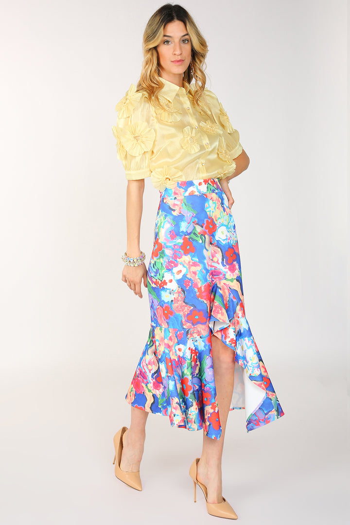 Alani Painted Print Asymmetric Pencil Flare Midi Skirt - Shop Beulah Style